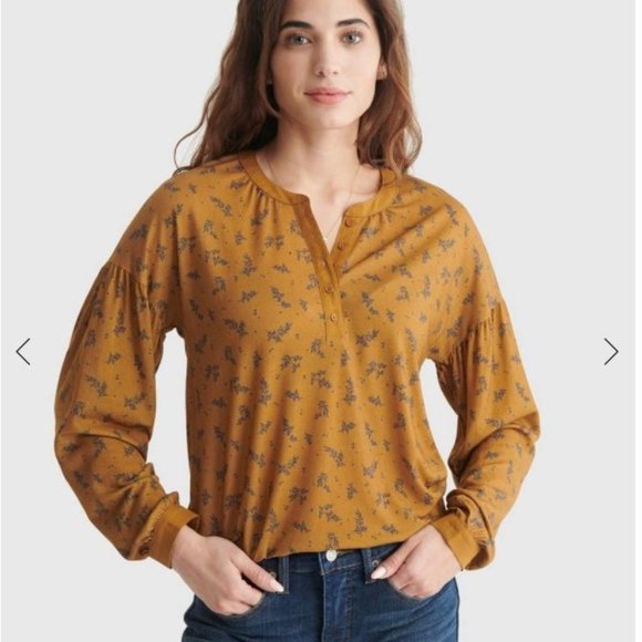 Lucky Brand Button-Accented V-Neck Top in Golden Brown Multi - Picture 1 of 5